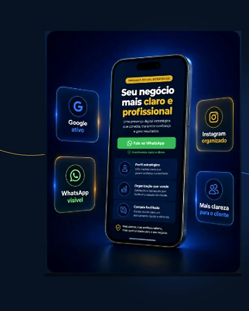 Imagem estilizada mostrando estrutura orgânica com Google, buscas com IA e contato no WhatsApp
